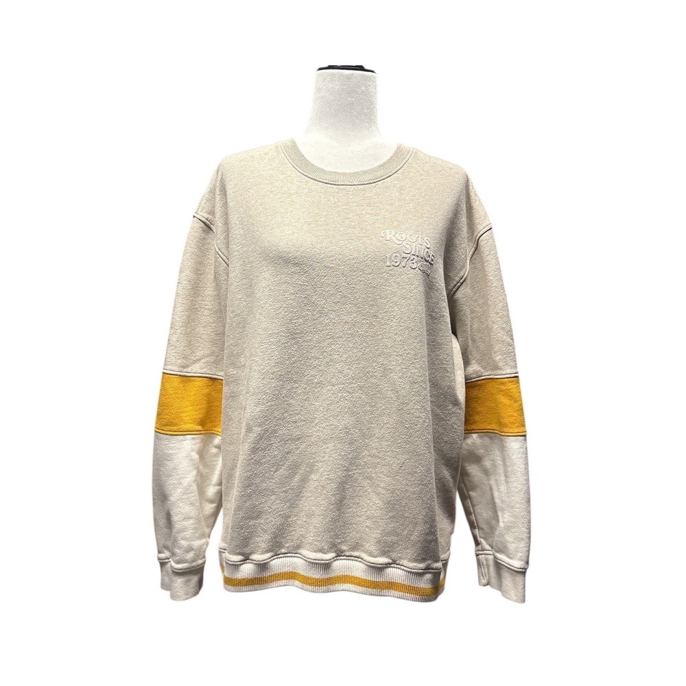 Roots Cabin Crewneck Sweatshirt‎ Beige Yellow Stripe Logo Size LG